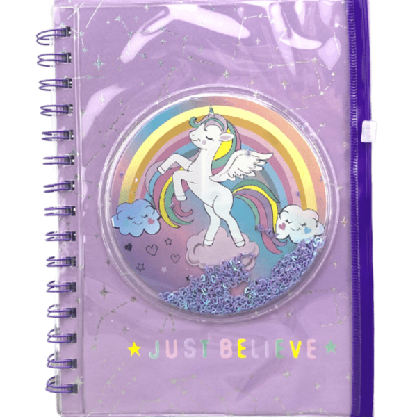 Caderno Roxo Fofo Estampa Unicórnio e Arco-íris + Bolsinha Inclusa Art Hobby