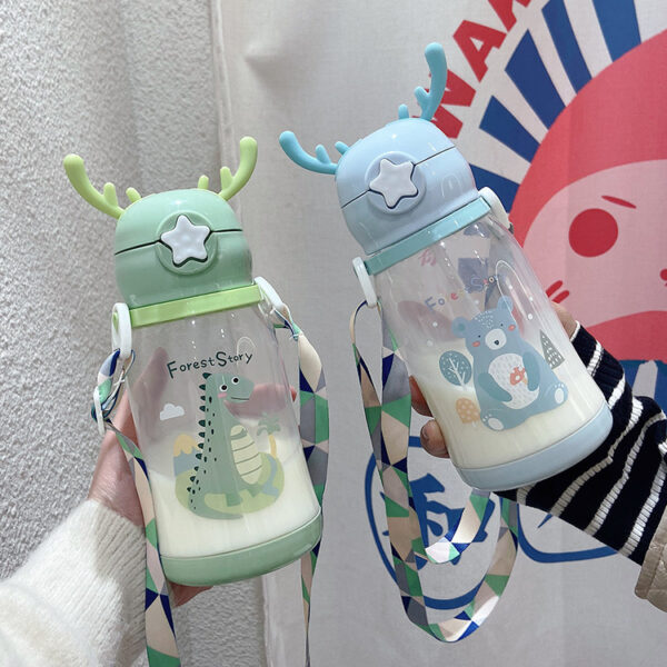 Garrafa de água infantil com canudo kawaii - Dinossauro e urso