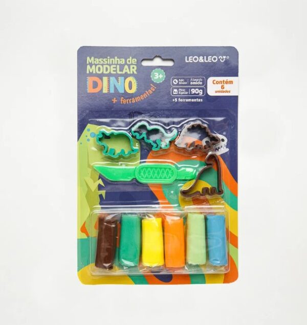 KIT MASSA DE MODELAR DINO - BLISTER COM 6 CORES MAIS 5 MOLDES LEOELEO