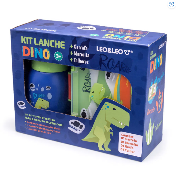 Kit Lanche Dino Garrafa Plástica 500ml + Marmita 700ml