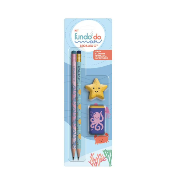 Kit Lápis Fundo Do Mar Estrela 2 Lápis HB/Apontador/Borracha LeoeLeo Leonora