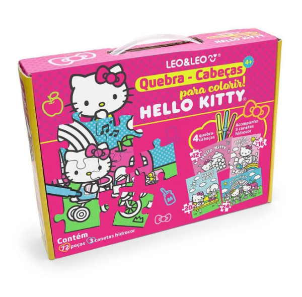 Quebra-Cabeça 4 Em 1 Para Colorir Hello Kitty - Kit C/ 72 Peças E 3 Hidrocor