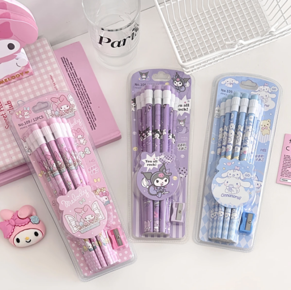 Kit Lápis 12 lápis HB e apontador Sanrio Kuromi My Melody