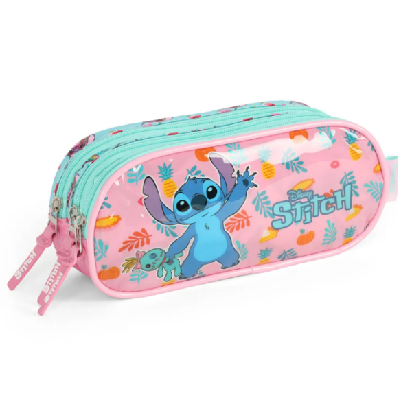 Estojo 3 Divisórias Escolar Stitch Rosa e Turquesa Luxcel